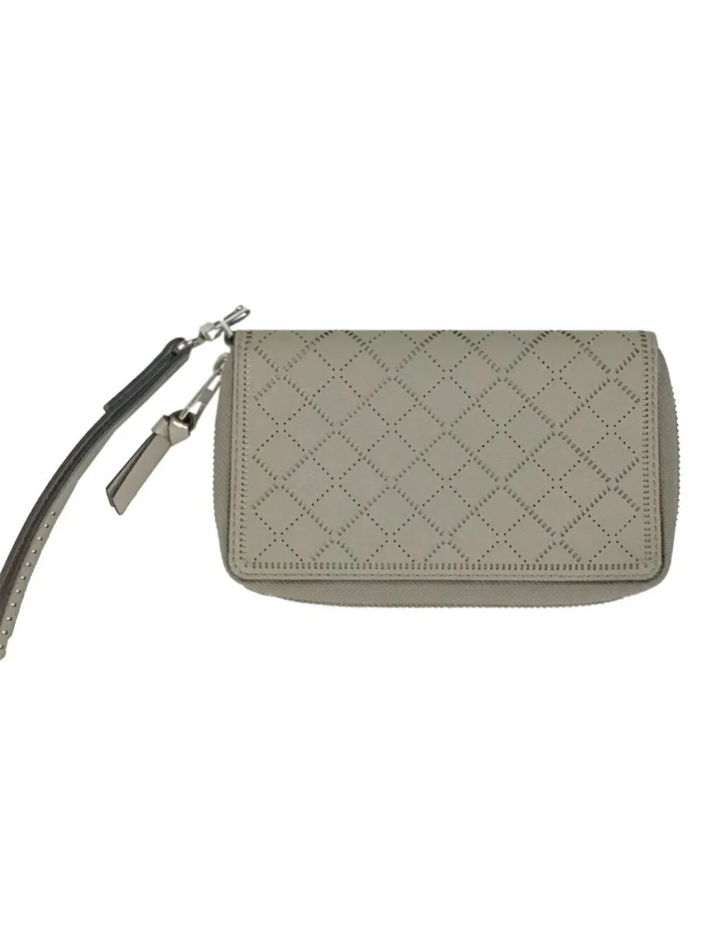 Tory Burch Taupe Beige Diamond Laser-Cut Zip-Around Leather Wristlet Wallet